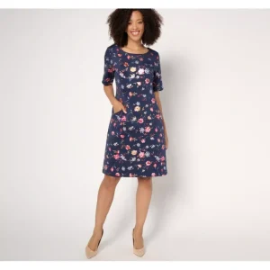 Dresses<Isaac Mizrahi Live! Petite Scuba Foil Printed Shift Dress - a world of fashionable women's clothing, including a wide selection of dresses and trendy accessories.