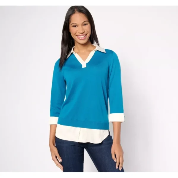 Fashion<Isaac Mizrahi Live! Petite Split Neck Twofer Sweater w/ 3/4 Sleeves - a world of fashionable women's clothing, including a wide selection of dresses and trendy accessories.