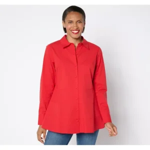 Isaac Mizrahi Live! Petite Stretch Poplin Shirt with Tiered Peplum - a world of fashionable women's clothing, including a wide selection of dresses and trendy accessories.> Hat