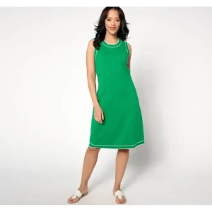 Dresses<Isaac Mizrahi Live! Petite Tank Dress with Tipped Trim - a world of fashionable women's clothing, including a wide selection of dresses and trendy accessories.
