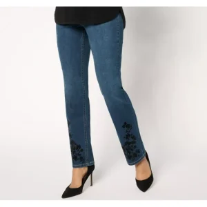 Isaac Mizrahi Live! Petite True Denim Indigo Flocked Jeans - a world of fashionable women's clothing, including a wide selection of dresses and trendy accessories.> Hat