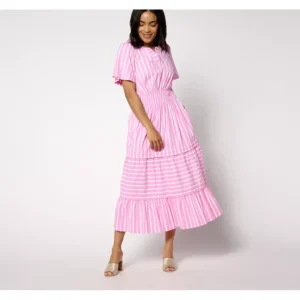 Dresses<Isaac Mizrahi Live! Petite Yarn Dye Stripe Poplin Maxi - a world of fashionable women's clothing, including a wide selection of dresses and trendy accessories.