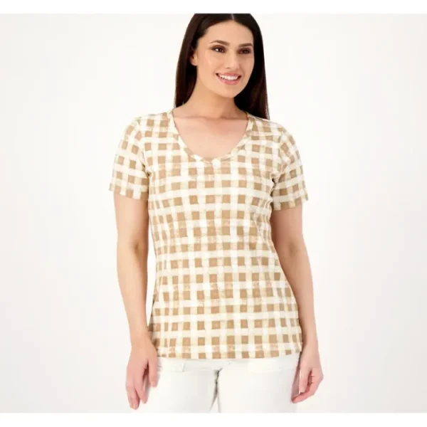 Shop All<Isaac Mizrahi Live Plaid Pima Cotton Short Sleeve Tee - a world of fashionable women's clothing, including a wide selection of dresses and trendy accessories.