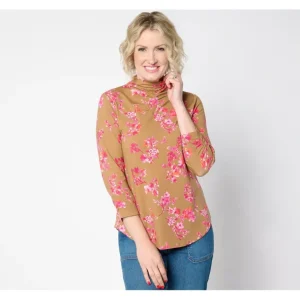 Isaac Mizrahi Live! Printed 3/4 Sleeve Mock Neck Top w/ Shirring - a world of fashionable women's clothing, including a wide selection of dresses and trendy accessories.> Hat