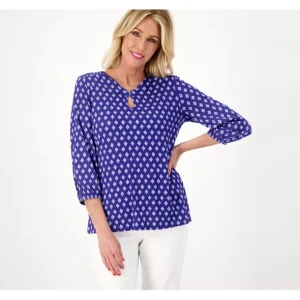 Isaac Mizrahi Live! Printed 3/4 Sleeve Top with Smocking - a world of fashionable women's clothing, including a wide selection of dresses and trendy accessories.> Hat