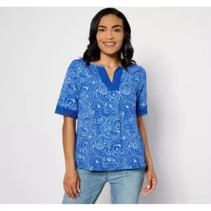 Dresses<Isaac Mizrahi Live! Printed Elbow Sleeve Top with Split Neck - a world of fashionable women's clothing, including a wide selection of dresses and trendy accessories.