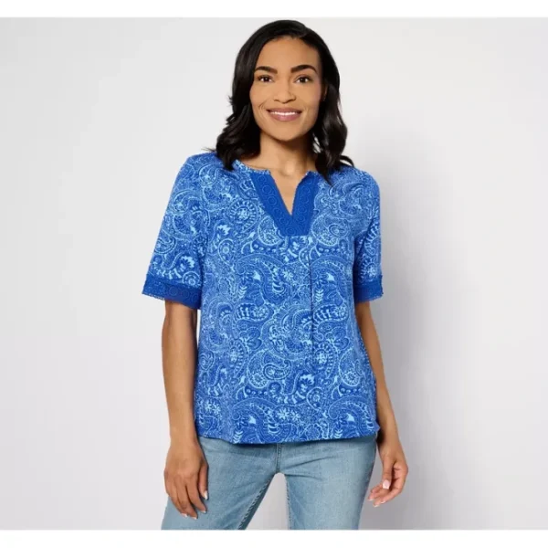 Dresses<Isaac Mizrahi Live! Printed Elbow Sleeve Top with Split Neck - a world of fashionable women's clothing, including a wide selection of dresses and trendy accessories.
