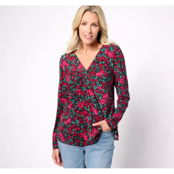 Shop All<Isaac Mizrahi Live! Printed Long Sleeve Twist Front V-Nk Top - a world of fashionable women's clothing, including a wide selection of dresses and trendy accessories.