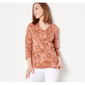 Isaac Mizrahi Live! Printed Pima Cotton V-Neck 3/4-Sleeve Top - a world of fashionable women's clothing, including a wide selection of dresses and trendy accessories.> Hat