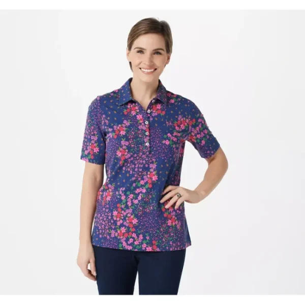 Shop All<Isaac Mizrahi Live! Printed Pique Polo w/ Above- Elbow Sleeves - a world of fashionable women's clothing, including a wide selection of dresses and trendy accessories.