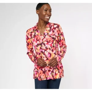 Isaac Mizrahi Live! Printed Silky Ponte Collared V-Neck Top - a world of fashionable women's clothing, including a wide selection of dresses and trendy accessories.> Hat