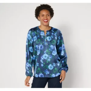 Isaac Mizrahi Live! Printed Stretch Hammered Satin Blouse - a world of fashionable women's clothing, including a wide selection of dresses and trendy accessories.> Shoes