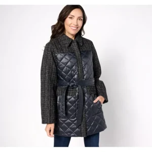 Isaac Mizrahi Live! Quilted Belted Coat with Tweed Accents - a world of fashionable women's clothing, including a wide selection of dresses and trendy accessories.> Coats