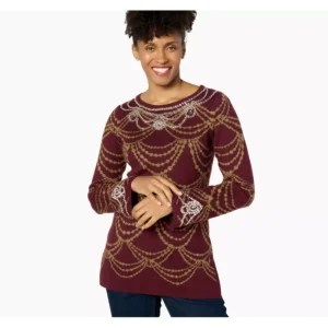 Fashion<Isaac Mizrahi Live! Reg Jacquard Sweater w/ Metallic Detail - a world of fashionable women's clothing, including a wide selection of dresses and trendy accessories.