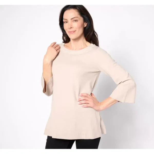 Shop All<Isaac Mizrahi Live! Reg Pullover Sweater with Faux Pearl Trim - a world of fashionable women's clothing, including a wide selection of dresses and trendy accessories.