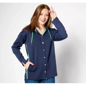 Isaac Mizrahi Live! Regular Clubhouse Scuba Knit Snap Front Tunic w/ Hood - a world of fashionable women's clothing, including a wide selection of dresses and trendy accessories.> Hat