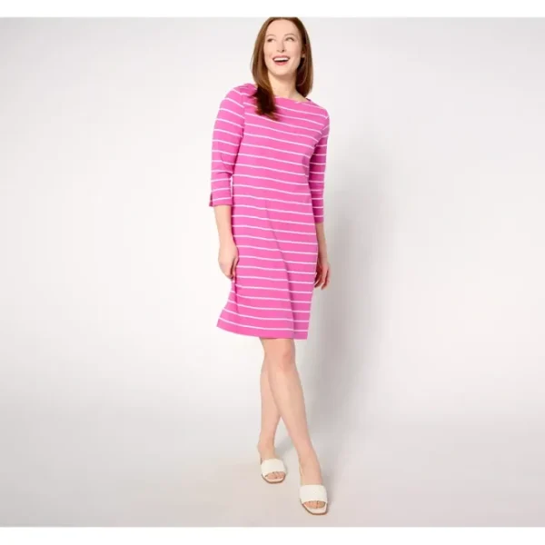 Dresses<Isaac Mizrahi Live! Regular Essetnials Pima Cotton Stripe Boat Neck Dress - a world of fashionable women's clothing, including a wide selection of dresses and trendy accessories.
