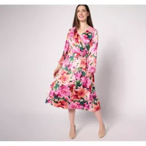 Dresses<Isaac Mizrahi Live! Regular Floral Print Ruch Long Sleeve Dress - a world of fashionable women's clothing, including a wide selection of dresses and trendy accessories.