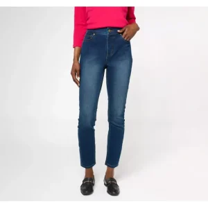 Isaac Mizrahi Live! Regular Indigo Divine Denim Pull On Slim Leg Jeans - a world of fashionable women's clothing, including a wide selection of dresses and trendy accessories.> Hat