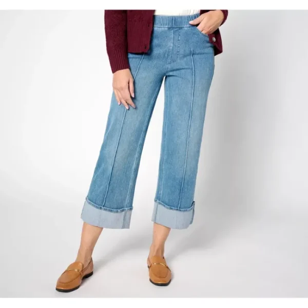 Fashion<Isaac Mizrahi Live! Regular Knit Denim Wide-Leg Cuffed Crop Jeans - a world of fashionable women's clothing, including a wide selection of dresses and trendy accessories.