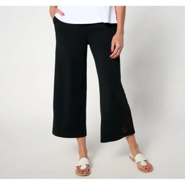 Fashion<Isaac Mizrahi Live! Regular Knit Wide Leg Crop Pants w/ Crochet Trim - a world of fashionable women's clothing, including a wide selection of dresses and trendy accessories.
