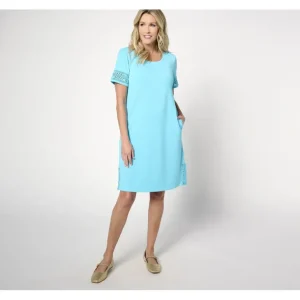 Isaac Mizrahi Live! Regular Pebble Knit Dress with Lace Trim - a world of fashionable women's clothing, including a wide selection of dresses and trendy accessories.> Hat