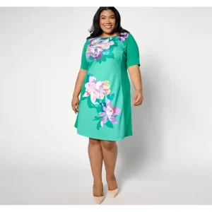 Dresses<Isaac Mizrahi Live! Regular Placement Print Elbow Sleeve Shift Dress - a world of fashionable women's clothing, including a wide selection of dresses and trendy accessories.