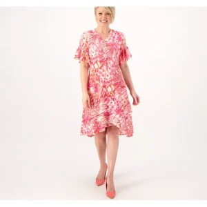 Dresses<Isaac Mizrahi Live Regular Printed Crepe Midi Dress w/ Ruffle - a world of fashionable women's clothing, including a wide selection of dresses and trendy accessories.