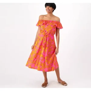 Dresses<Isaac Mizrahi Live! Regular Printed Off the Shoulder Dress - a world of fashionable women's clothing, including a wide selection of dresses and trendy accessories.