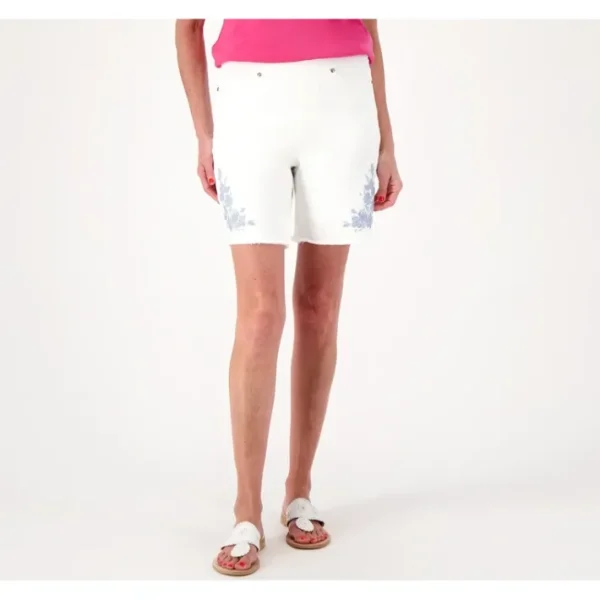Shop All<Isaac Mizrahi Live! Regular White True Denim Short w/ Embroidery - a world of fashionable women's clothing, including a wide selection of dresses and trendy accessories.