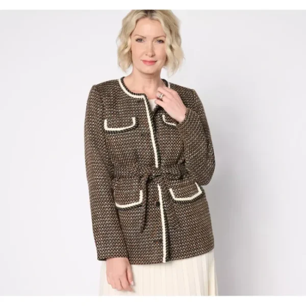 Shop All<Isaac Mizrahi Live! Regular Woven Tweed Jacket with Self Belt - a world of fashionable women's clothing, including a wide selection of dresses and trendy accessories.