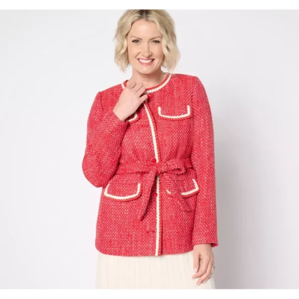 Shop All<Isaac Mizrahi Live! Regular Woven Tweed Jacket with Self Tie Belt - a world of fashionable women's clothing, including a wide selection of dresses and trendy accessories.