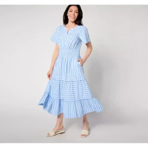 Dresses<Isaac Mizrahi Live! Regular Yarn Dye Stripe Poplin Maxi Dress - a world of fashionable women's clothing, including a wide selection of dresses and trendy accessories.