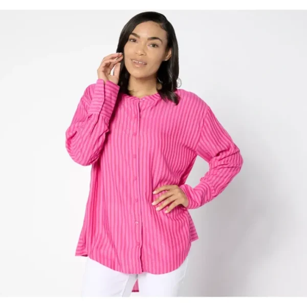 Shop All<Isaac Mizrahi Live! Regular Yarn Dye Stripe Relaxed Tunic w/ Lurex - a world of fashionable women's clothing, including a wide selection of dresses and trendy accessories.
