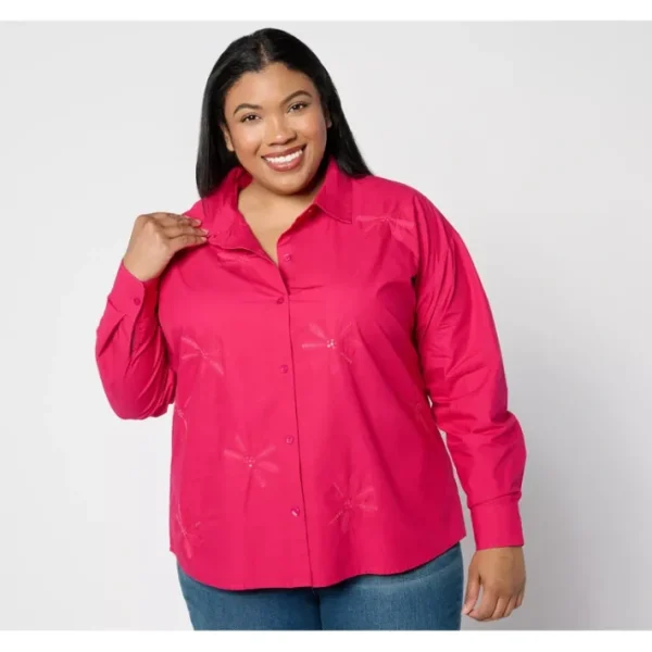 Shop All<Isaac Mizrahi Live! Sequin Embellished Poplin Shirt - a world of fashionable women's clothing, including a wide selection of dresses and trendy accessories.