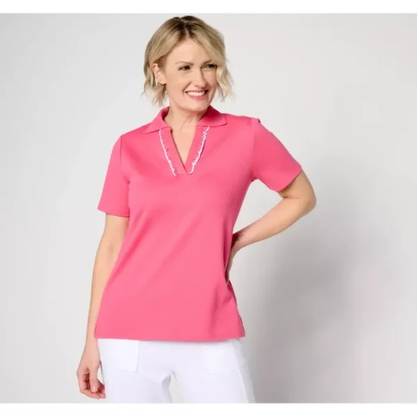 Shop All<Isaac Mizrahi Live! Short Sleeve Polo Top with Ruffle Trim - a world of fashionable women's clothing, including a wide selection of dresses and trendy accessories.