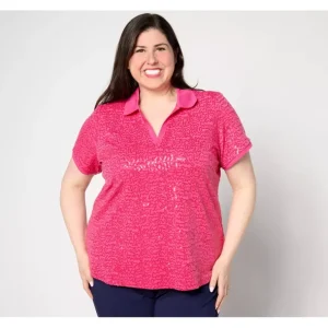 Isaac Mizrahi Live! Short Sleeve Sequin Polo Top - a world of fashionable women's clothing, including a wide selection of dresses and trendy accessories.> Hat