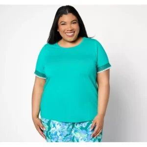 Isaac Mizrahi Live! Short Sleeve Top with Embroidery Trim - a world of fashionable women's clothing, including a wide selection of dresses and trendy accessories.> Hat