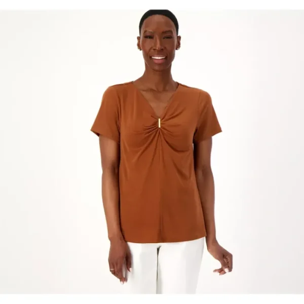 Shop All<Isaac Mizrahi Live! Short Sleeve Top with Pleated Neck - a world of fashionable women's clothing, including a wide selection of dresses and trendy accessories.