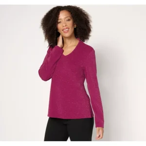Isaac Mizrahi Live! Sparkle Pebble Crepe Raised Back V-Neck Top - a world of fashionable women's clothing, including a wide selection of dresses and trendy accessories.> Hat