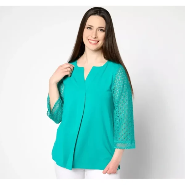 Shop All<Isaac Mizrahi Live! Split Neck 3/4 Sleeve Top with Pleat Detail - a world of fashionable women's clothing, including a wide selection of dresses and trendy accessories.