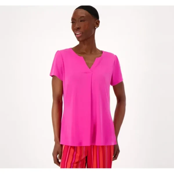Shop All<Isaac Mizrahi Live! Split Neck Cap Sleeve Top - a world of fashionable women's clothing, including a wide selection of dresses and trendy accessories.