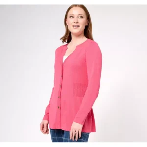 Isaac Mizrahi Live! Split Neck Long Sleeve Cardigan - a world of fashionable women's clothing, including a wide selection of dresses and trendy accessories.> Hat