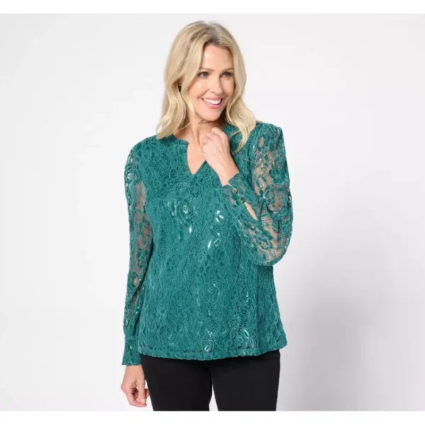 Shop All<Isaac Mizrahi Live! Split Neck Metallic Lace Long Sleeve Top - a world of fashionable women's clothing, including a wide selection of dresses and trendy accessories.