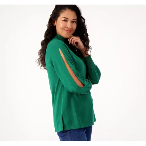 Shop All<Isaac Mizrahi Live Split Sleeve Pullover Mock Neck Sweater - a world of fashionable women's clothing, including a wide selection of dresses and trendy accessories.