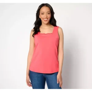 Isaac Mizrahi Live! Square Neck Sleeveless Top w/ Crochet Trim - a world of fashionable women's clothing, including a wide selection of dresses and trendy accessories.> Hat