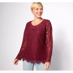 Dresses<Isaac Mizrahi Live! Stretch Knit Lace Long-Sleeve Top - a world of fashionable women's clothing, including a wide selection of dresses and trendy accessories.