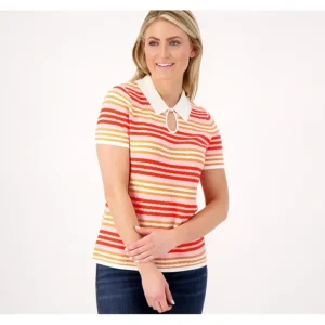 Isaac Mizrahi Live Stripe Sweater Polo with Keyhold Opening - a world of fashionable women's clothing, including a wide selection of dresses and trendy accessories.> Hat
