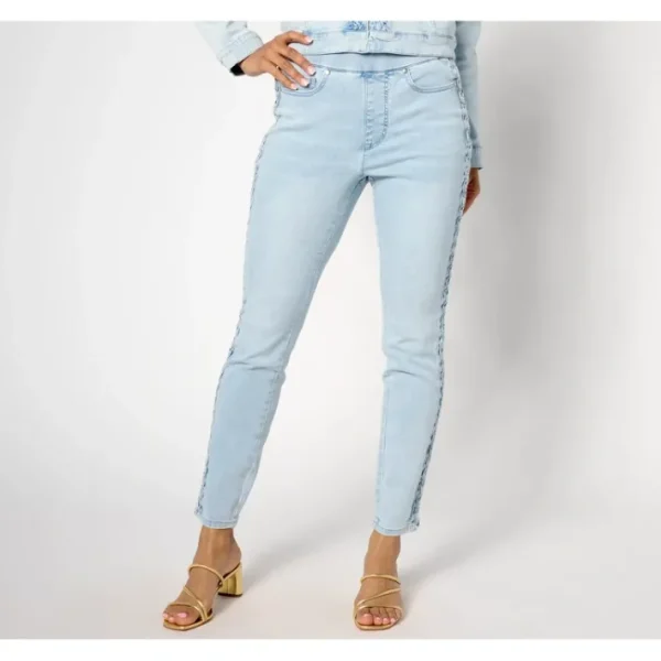 Shop All<Isaac Mizrahi Live! Tall True Denim Slim Leg Jeans w/ Braid Detail - a world of fashionable women's clothing, including a wide selection of dresses and trendy accessories.