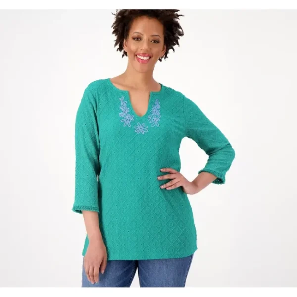 Shop All<Isaac Mizrahi Live! Textured Knit Tunic with Embroidery - a world of fashionable women's clothing, including a wide selection of dresses and trendy accessories.